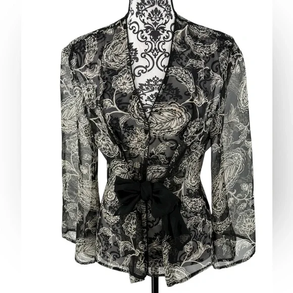 Cato Black Sheer Floral Tie Waist Chiffon Blouse Top Size L - Picture 1 of 11
